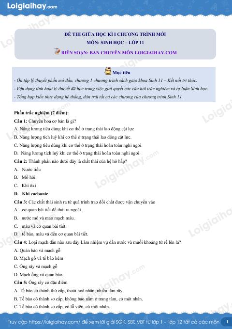 Đề thi giữa kì 1 Sinh 11 Cánh diều - Đề số 1